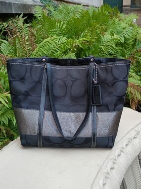 Coach Black Signature Tote with Metallic Stripe